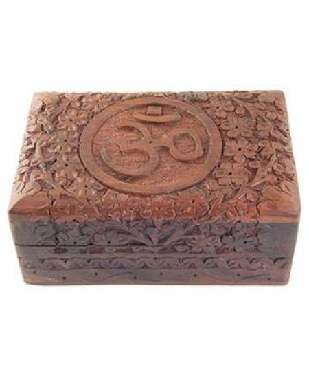 Om Symbol Floral Carved Wood Box - 6 Inches