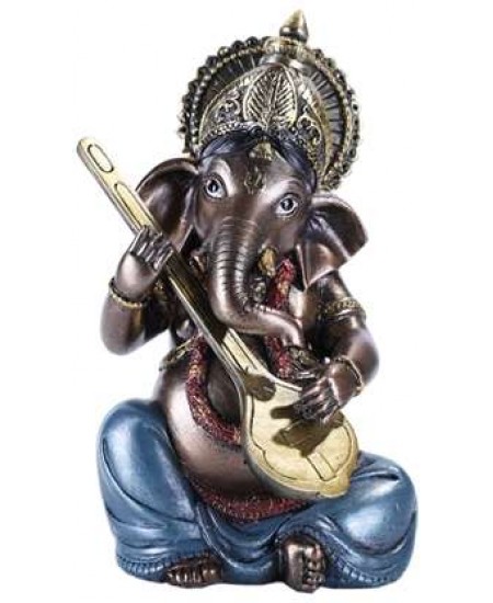 Ganesha with Lute Small Bronze Resin Statue