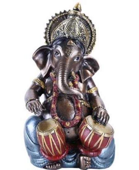 Ganesha with Drums Small Bronze Resin Statue