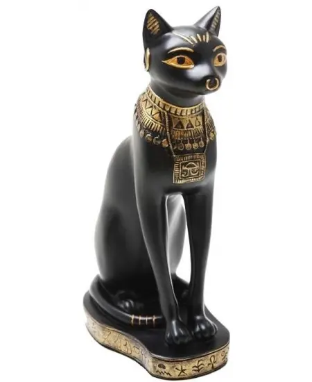 Bastet Black Cat with Gold Necklace Egyptian Statue