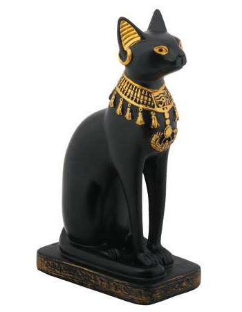 Bastet Black Cat with Lotus Collar Statue