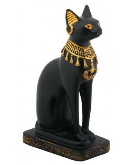 Bastet Black Cat with Lotus Collar Statue